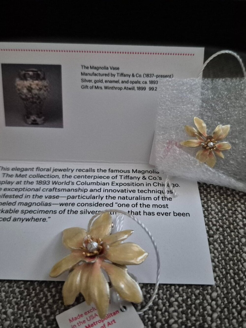 The Met Magnolia ear rings and pin set